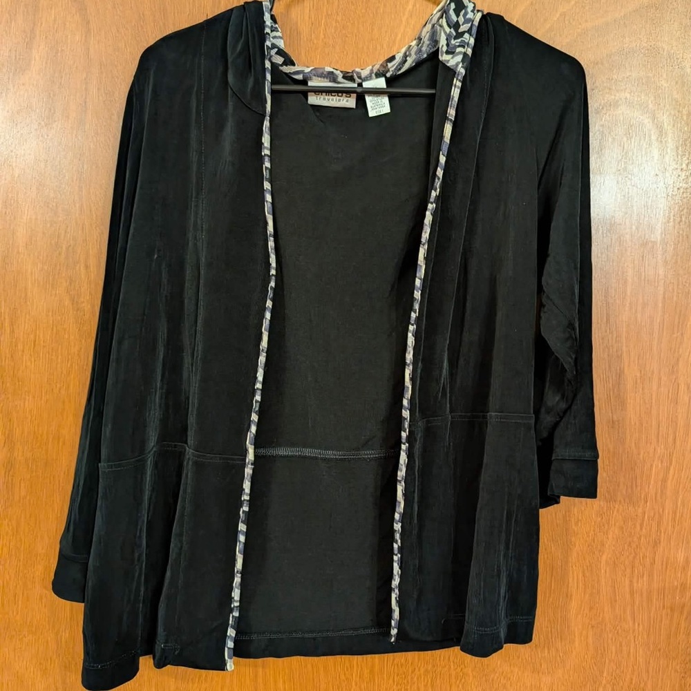 Chico's Black Open-Front Lightweight Cardigan with Patterned Trim